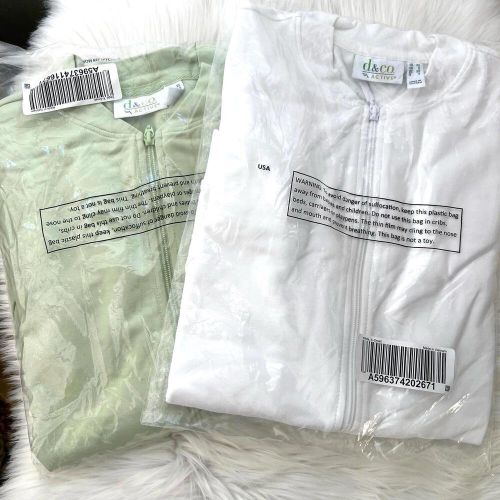 Lot of 2 New in Bag D & Co. Active Sage Green & white full zip cotton jackets XS